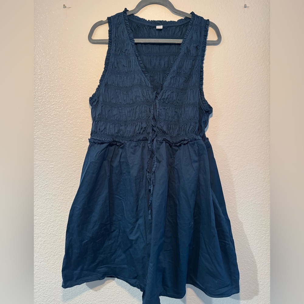 Navy Sleeveless V-Neck Smocked Waist Dress 100% cotton
